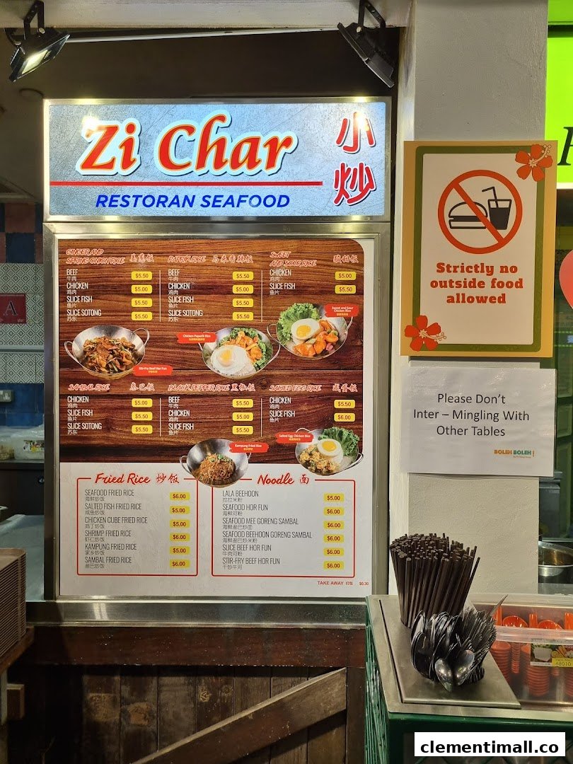 A menu board for Zi Char Restoran Seafood, displaying various rice and noodle dishes with prices.