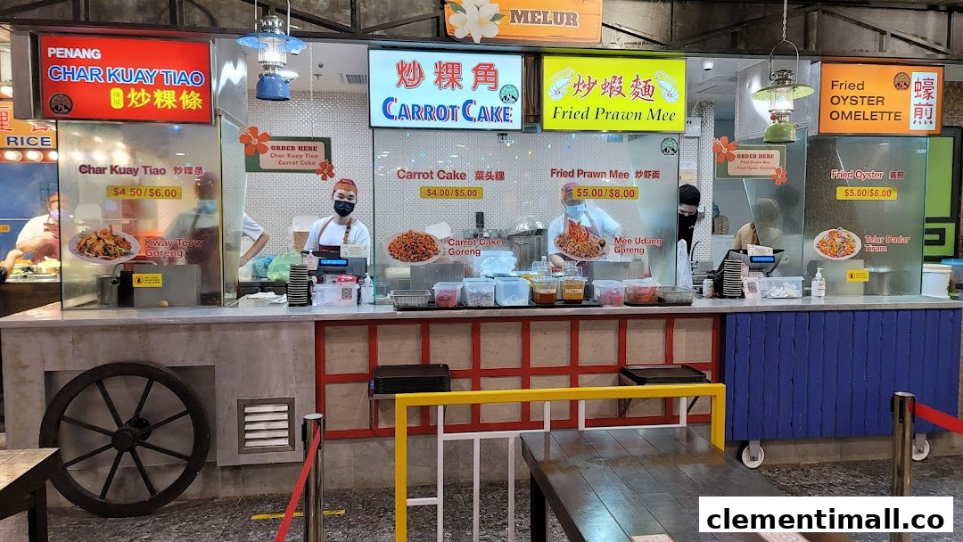 A bustling food stall counter showcasing various popular local dishes and their prices.