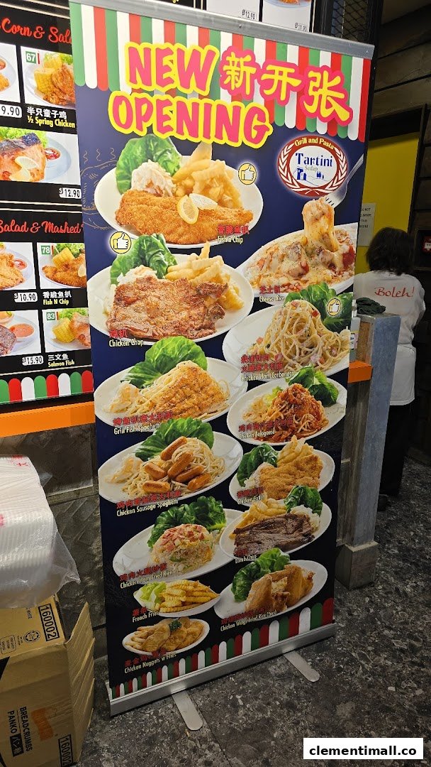 A promotional banner for 'Tartini' at Boleh Boleh! featuring various grilled dishes and pasta.