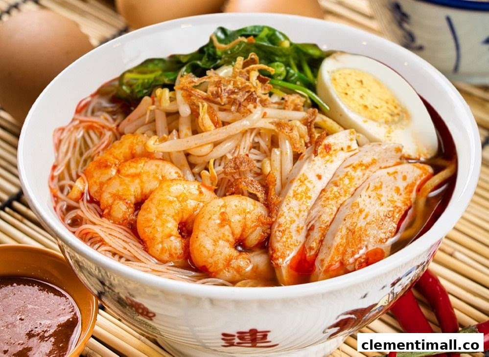 A vibrant bowl of noodles featuring prawns, chicken, egg, and fresh vegetables.