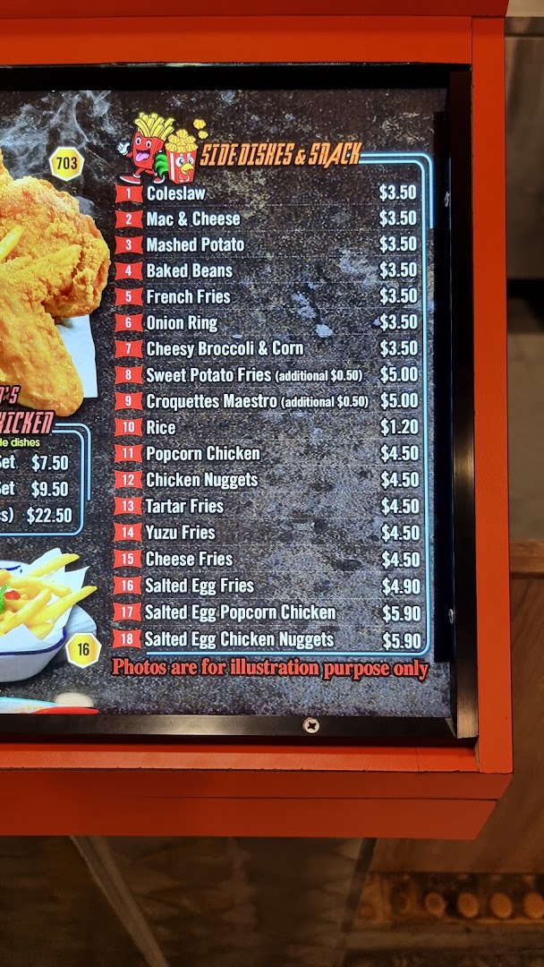 A digital menu board displaying side dishes, snacks, and set meal prices.
