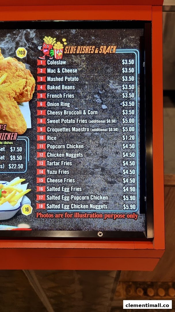 A digital menu board displaying side dishes, snacks, and set meal prices.