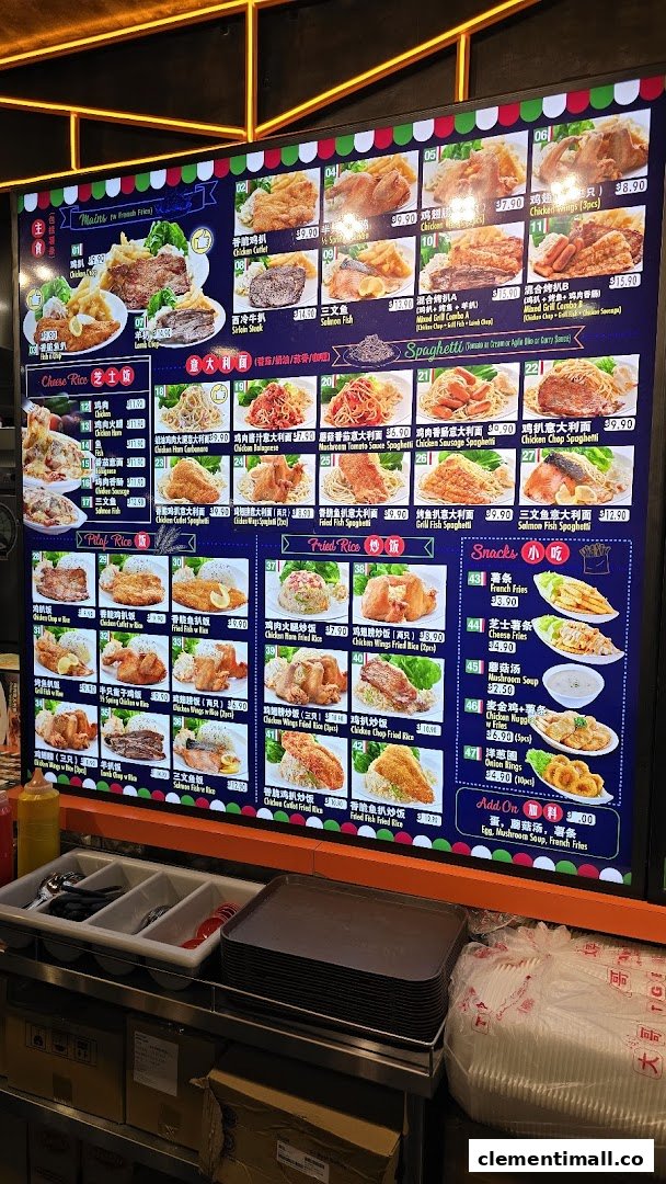 A vibrant digital menu board displaying a wide array of Western and Asian fusion dishes with prices.