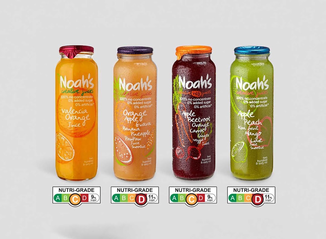 Four bottles of Noah's natural juices and smoothies, showcasing various flavors and their Nutri-Grade ratings.