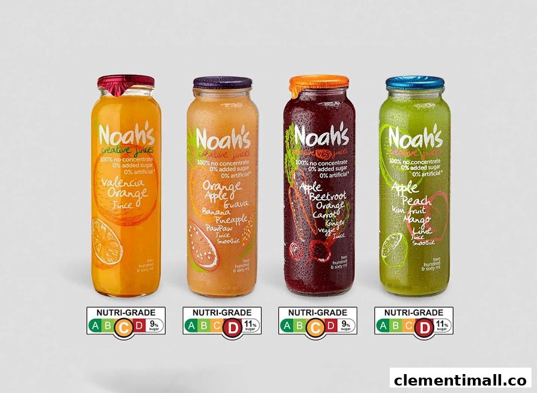 Four bottles of Noah's natural juices and smoothies, showcasing various flavors and their Nutri-Grade ratings.