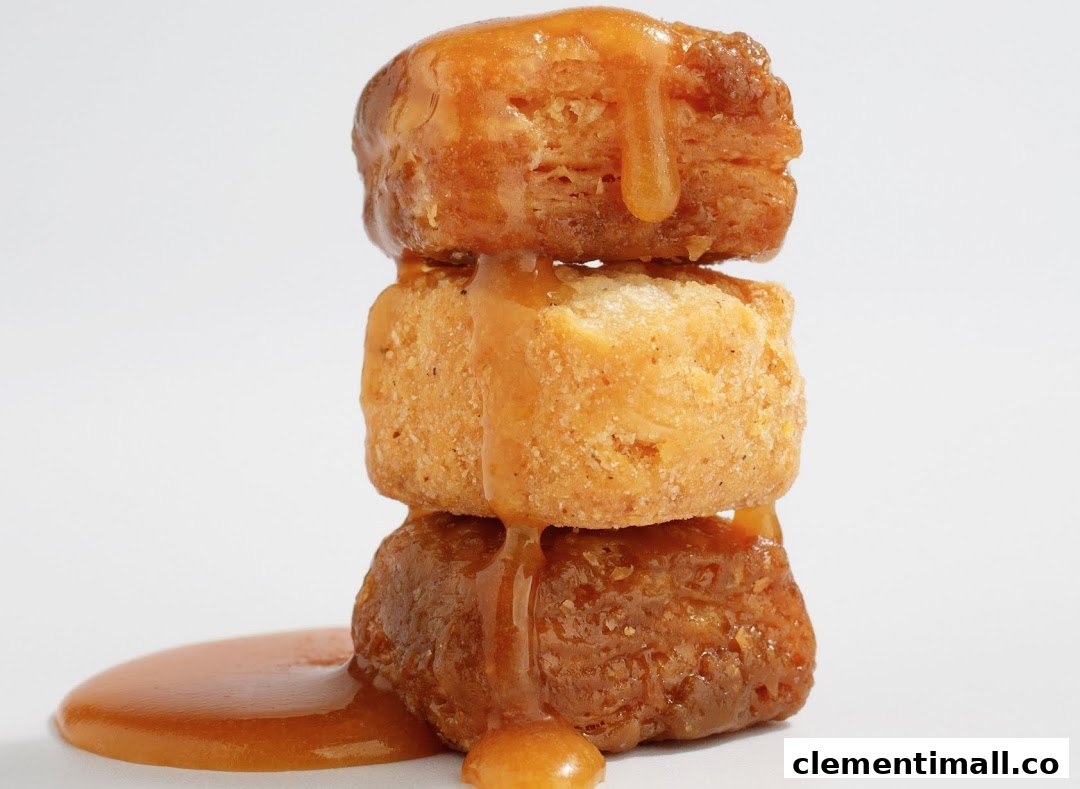 Three golden-brown pastries stacked and generously drizzled with a rich caramel glaze.