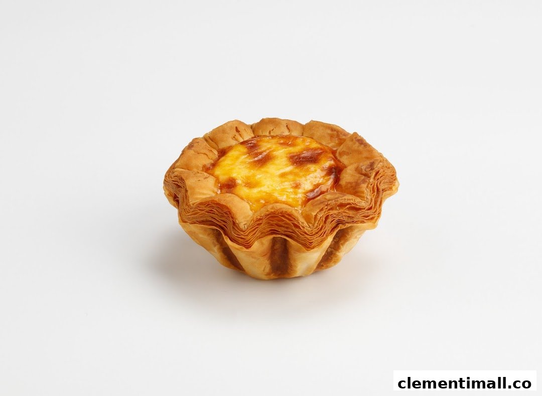 A single golden-brown egg tart with a flaky pastry crust on a clean white background.