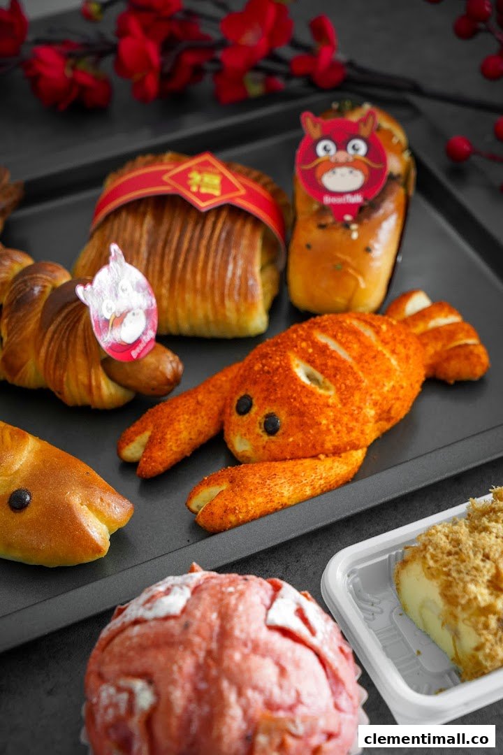 A vibrant display of freshly baked BreadTalk pastries, including animal-shaped breads and festive buns.