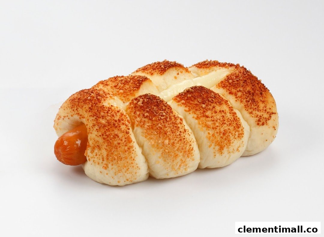 A golden-baked sausage bun with creamy filling and savory breadcrumb topping on a white background.