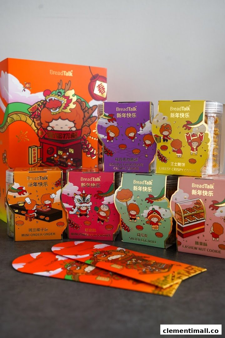 A vibrant display of BreadTalk's festive packaged cookies and pastries, including red envelopes, for a special occasion.