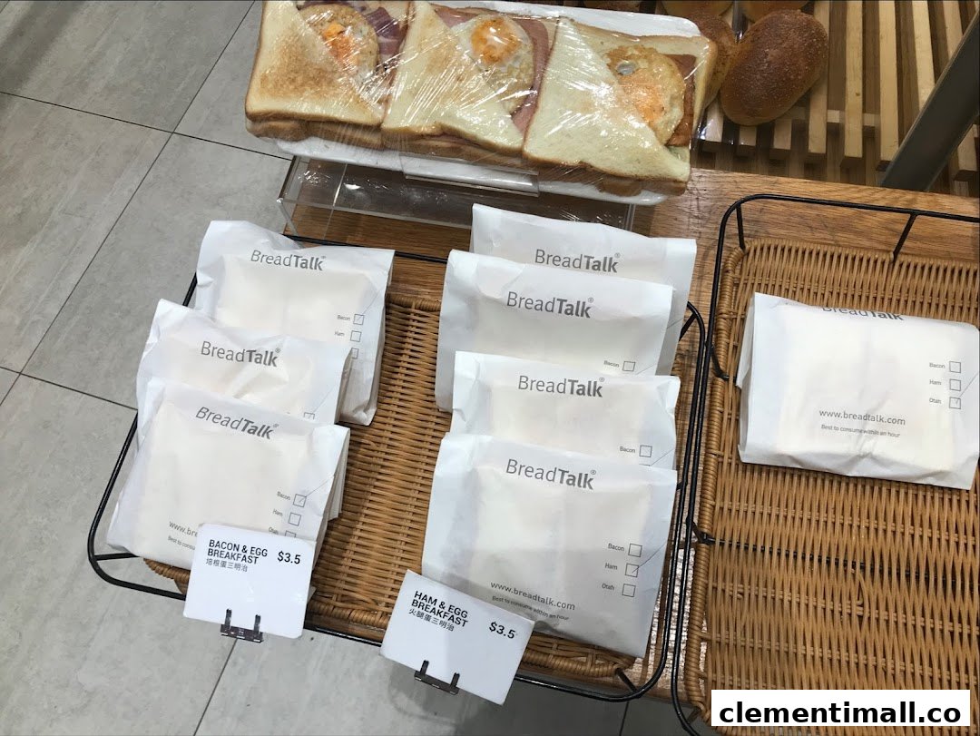 Freshly prepared breakfast sandwiches and baked goods displayed at BreadTalk, ready for grab-and-go.