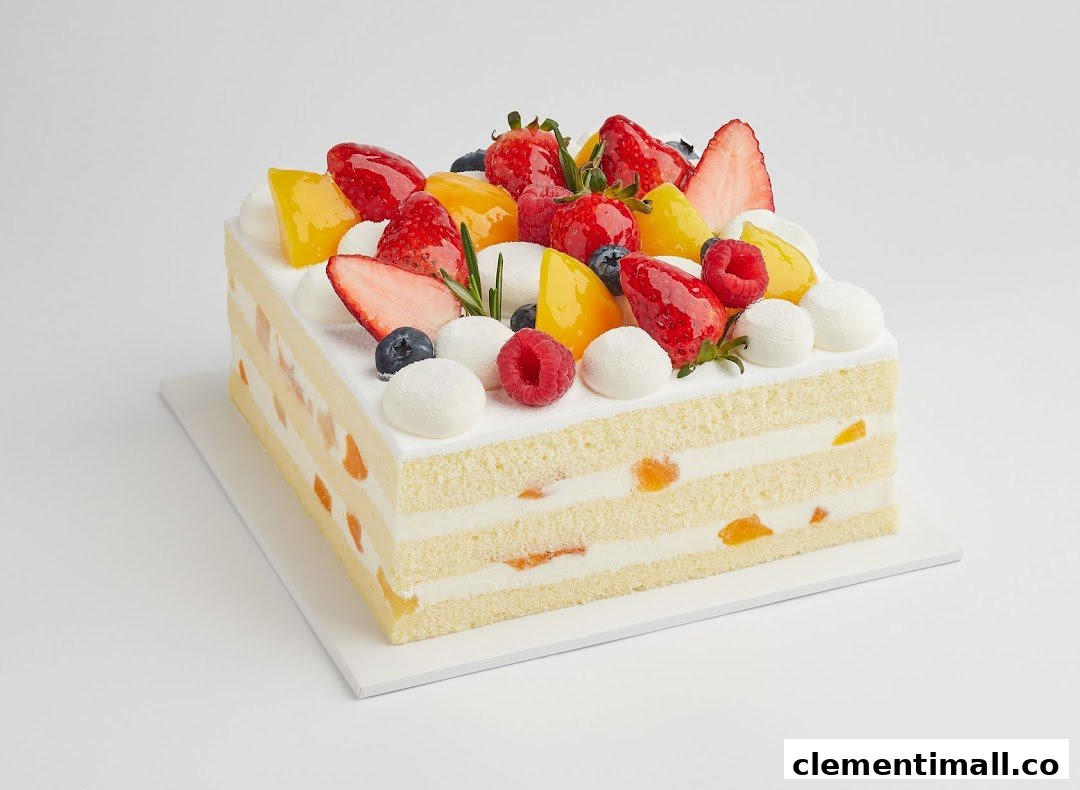 A vibrant square cake topped with fresh berries, mango, and cream on a white background.
