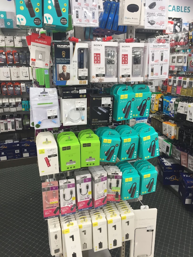 A retail display showcasing a wide array of electronic accessories, cables, and gadgets.