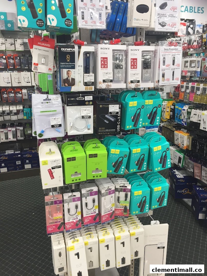 A retail display showcasing a wide array of electronic accessories, cables, and gadgets.