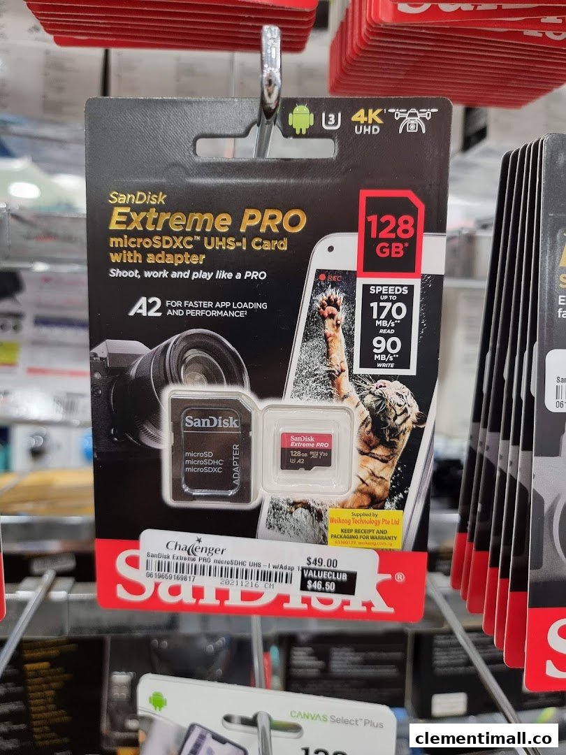A SanDisk Extreme PRO microSDXC card package displayed on a rack at Challenger.