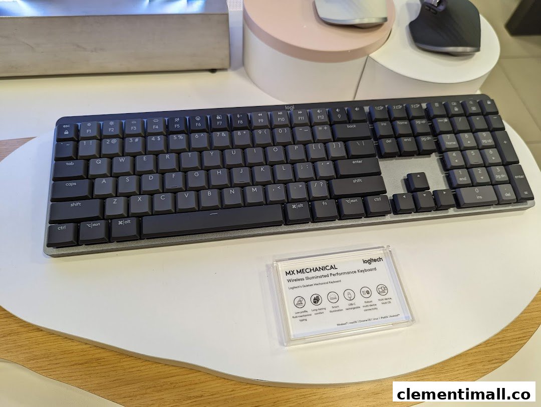 A Logitech MX Mechanical keyboard displayed with its product information card at Challenger.