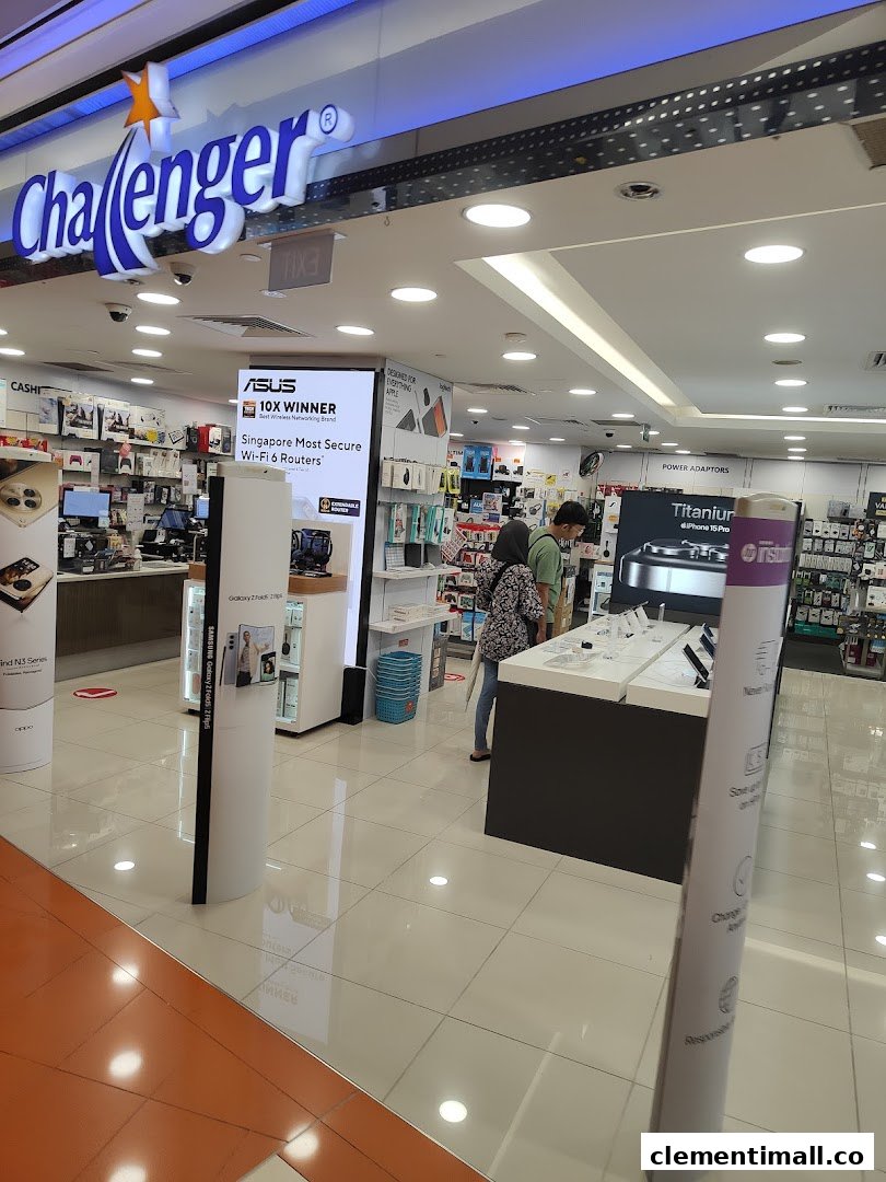 The entrance of Challenger electronics store, showcasing a wide range of tech products and accessories.