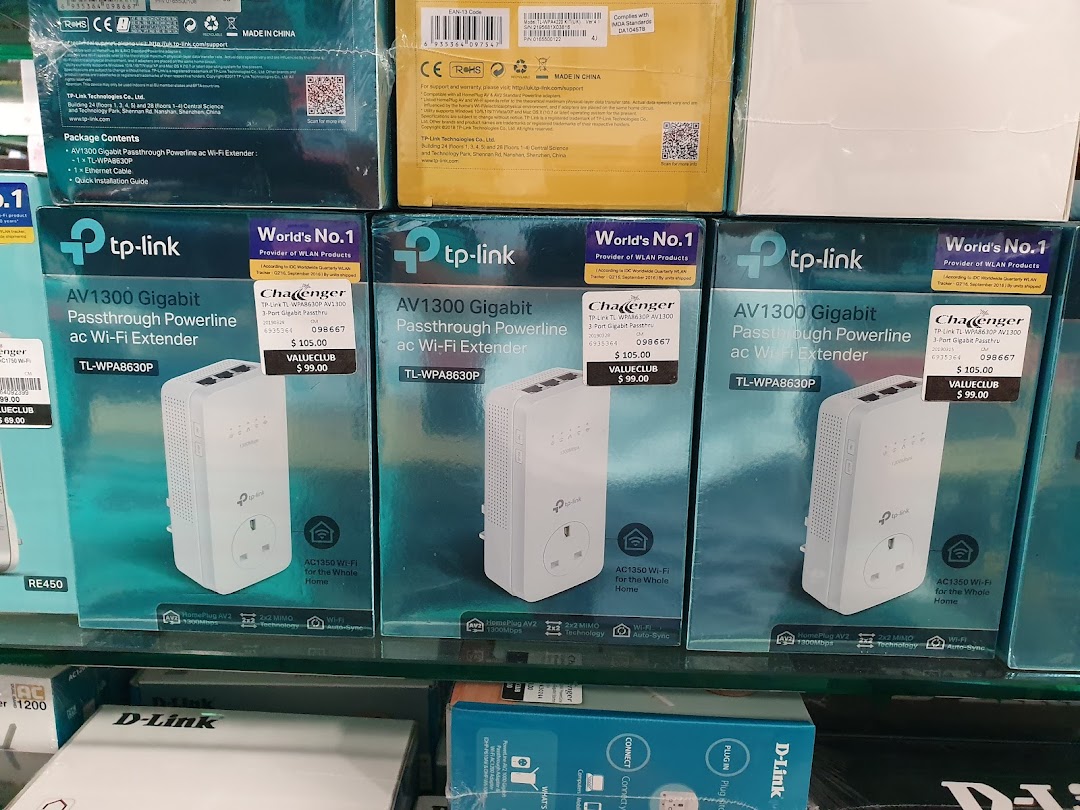 Rows of TP-Link AV1300 Gigabit Passthrough Powerline ac Wi-Fi Extenders displayed at Challenger.