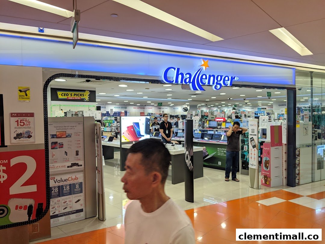 The bright entrance of Challenger electronics store, showcasing a wide range of tech products.