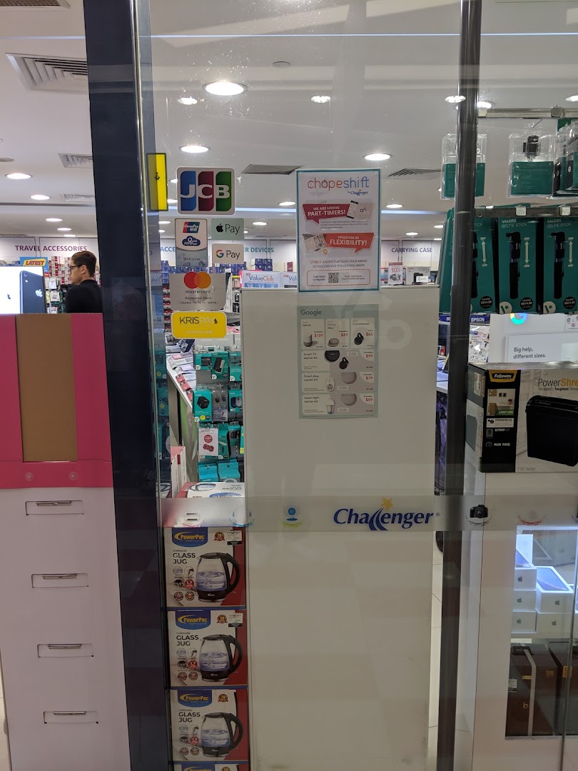 View of Challenger's glass shop front, displaying payment options, hiring info, and electronics.