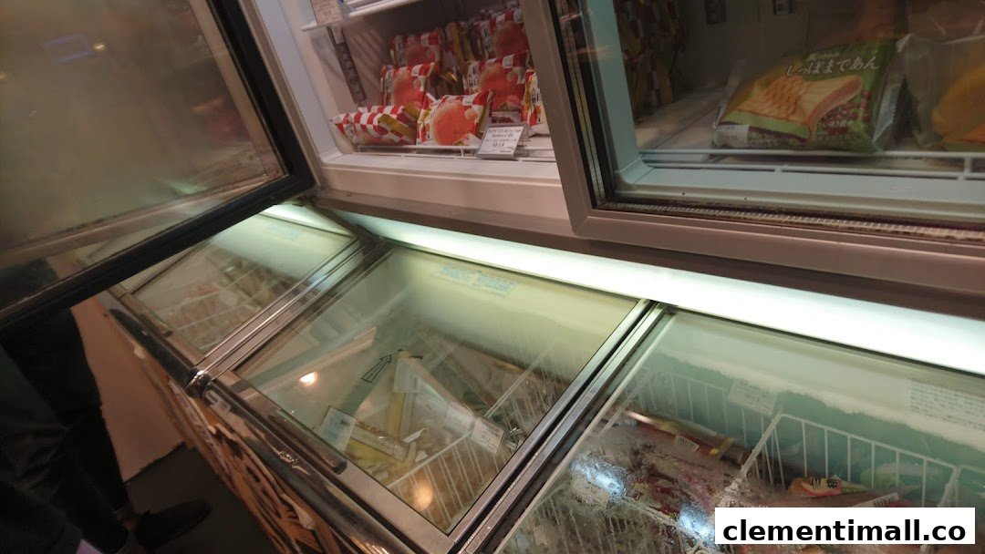 View of Châteraisé's display freezers filled with various Japanese frozen desserts and ice cream.