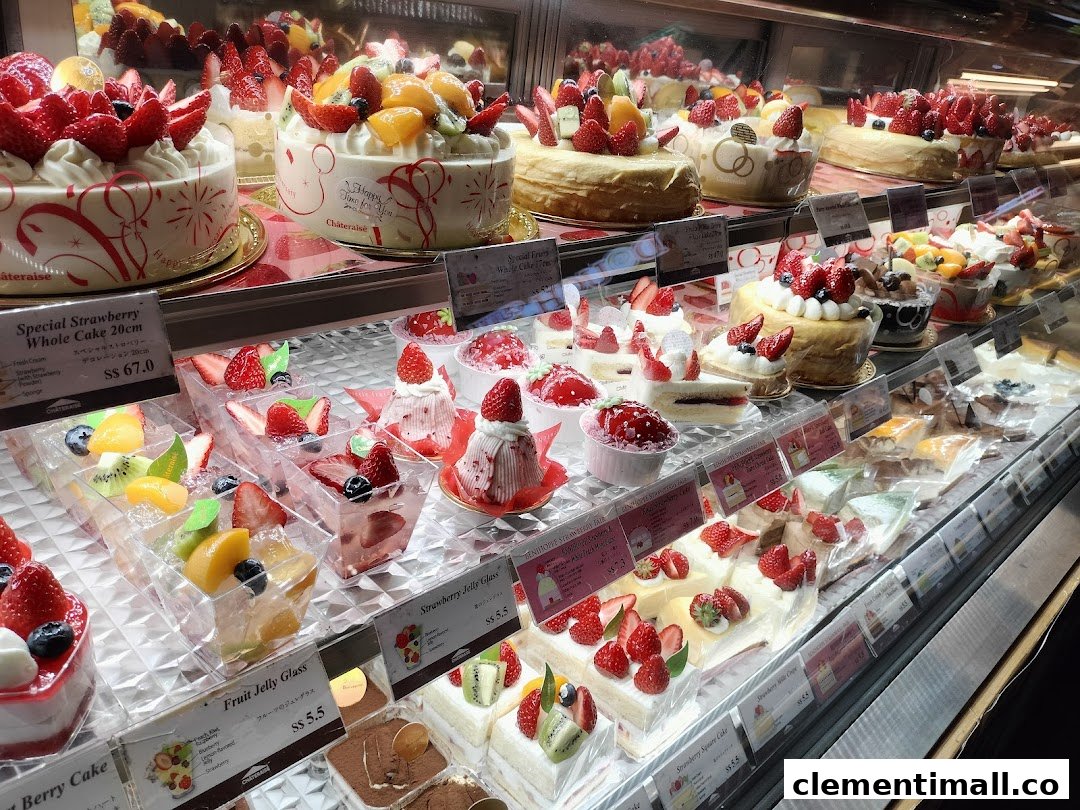 A vibrant display of fresh fruit cakes and desserts in a refrigerated display case at Châteraisé.