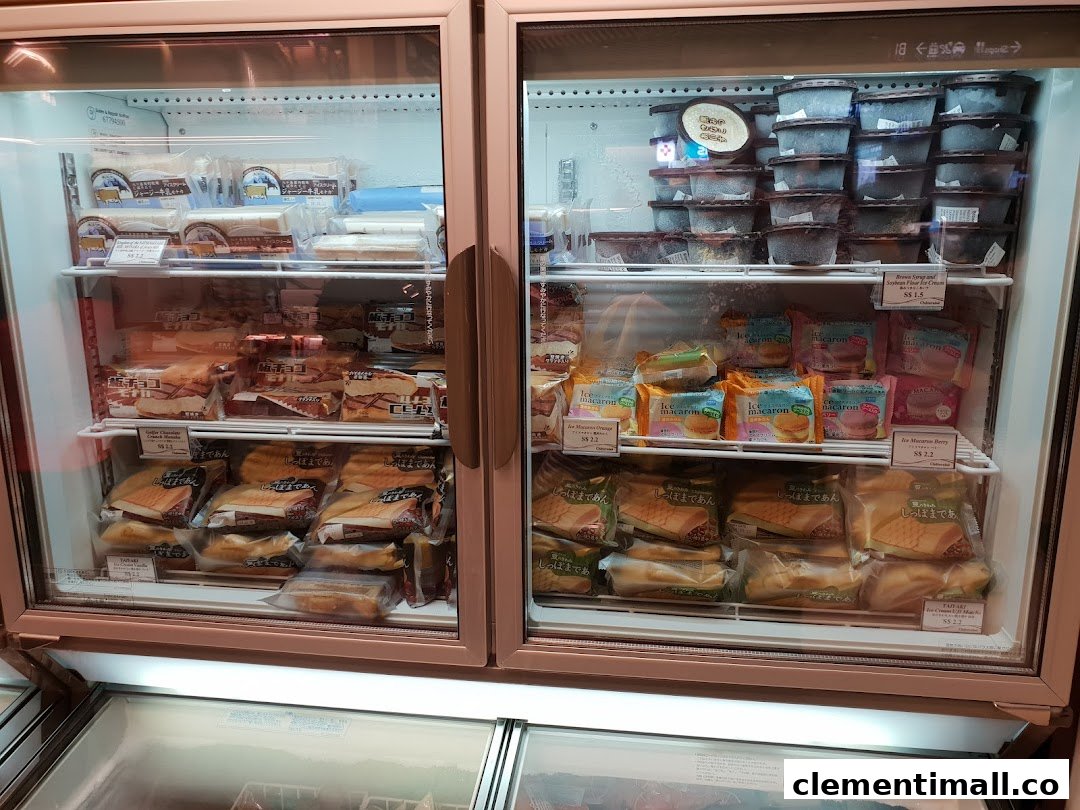 A display freezer at Châteraisé filled with various Japanese frozen desserts, ice cream, and pastries.