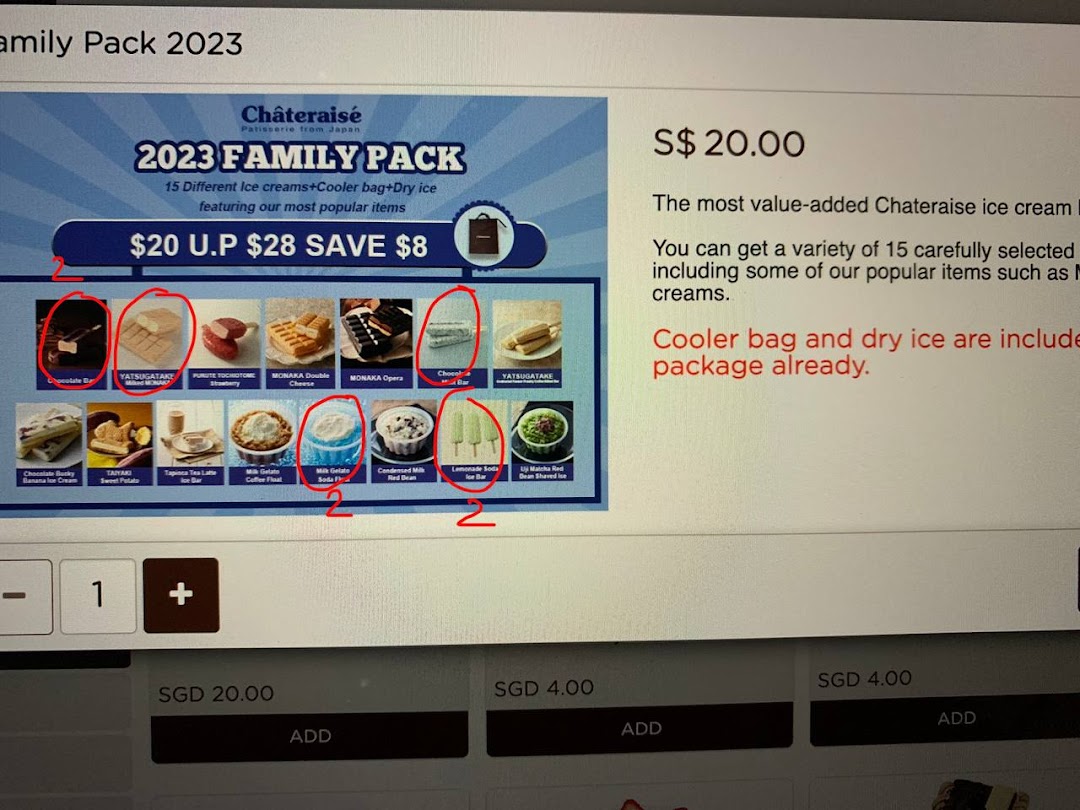 A promotional display for Châteraisé's 2023 Family Pack, featuring 15 different ice creams.