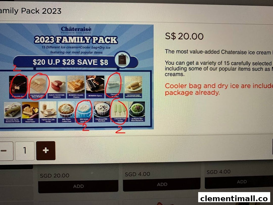 A promotional display for Châteraisé's 2023 Family Pack, featuring 15 different ice creams.