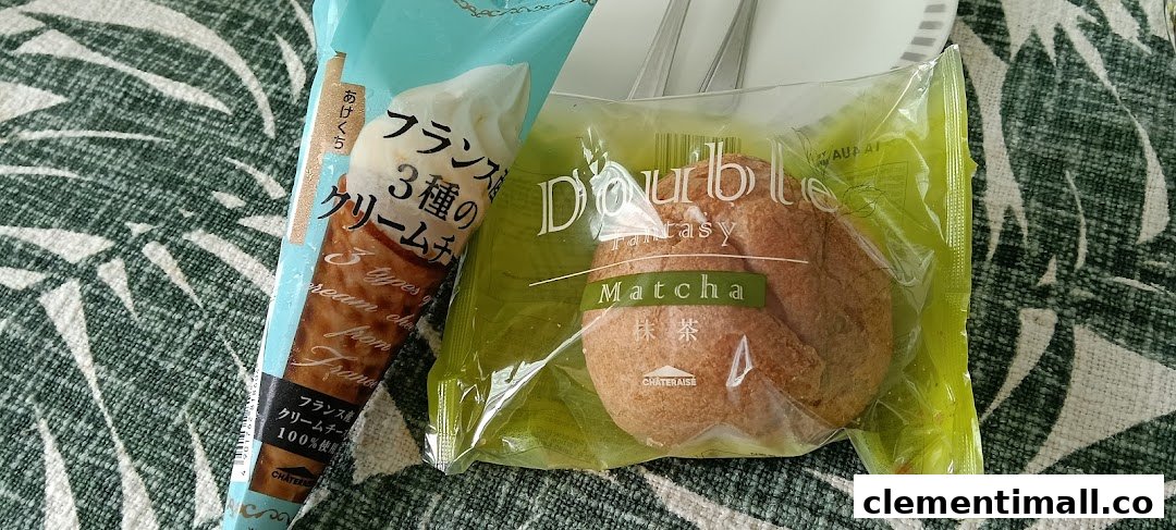 Two packaged Châteraisé desserts, including a matcha cream puff and a French cream cheese ice cream.