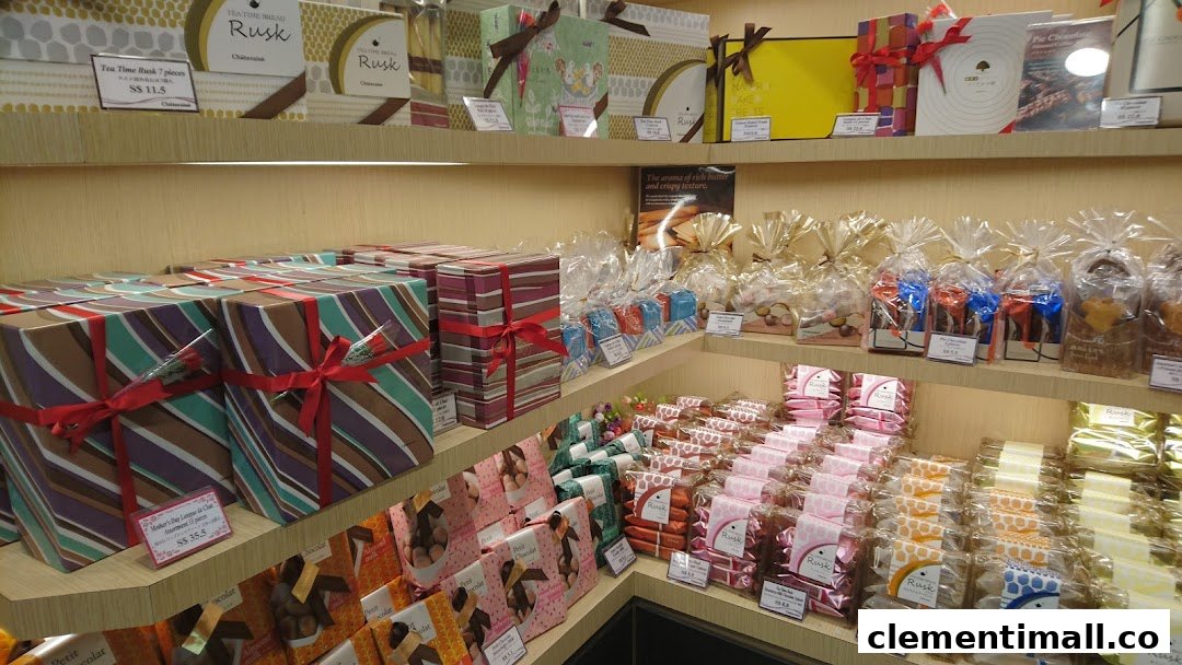 Shelves filled with beautifully packaged Japanese sweets, chocolates, and baked goods at Châteraisé.