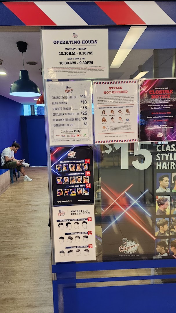 Interior view of Clippers Barber, showcasing service prices, operating hours, and hairstyle options.