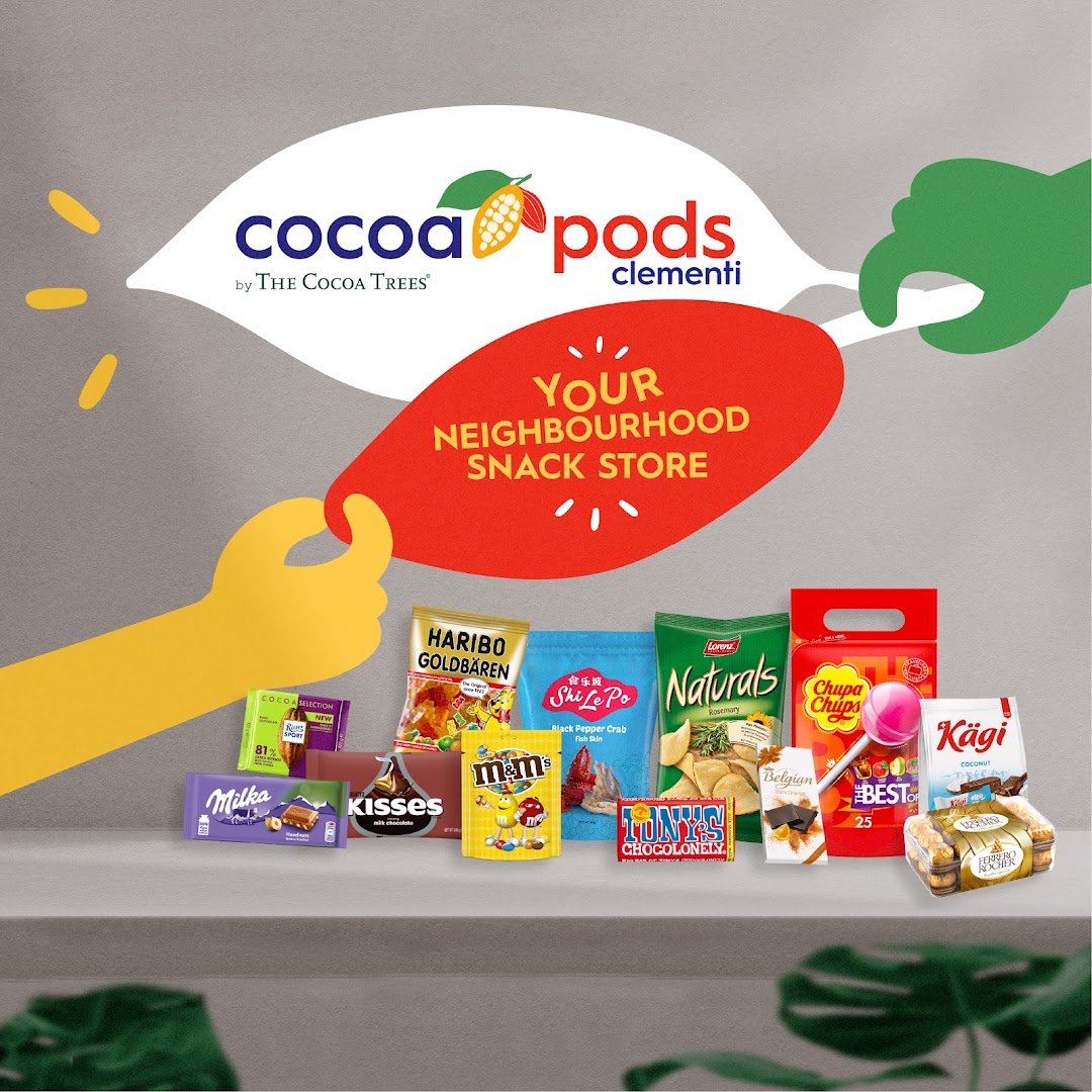 An assortment of popular snacks and chocolates displayed with the Cocoa Pods brand logo.