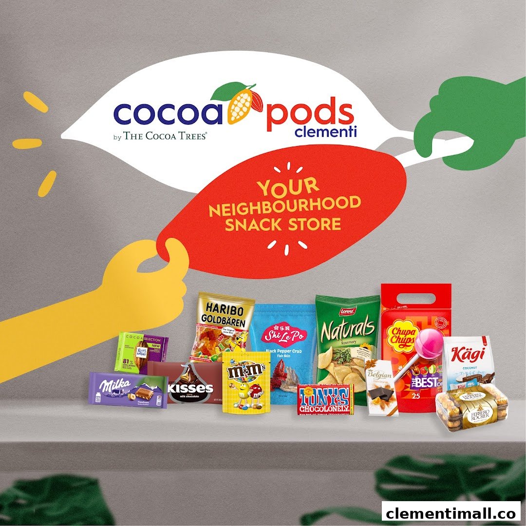 An assortment of popular snacks and chocolates displayed with the Cocoa Pods brand logo.
