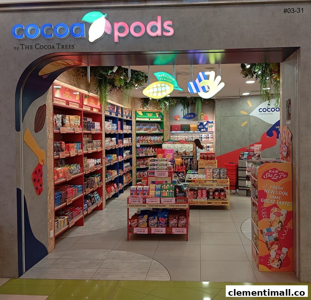 The vibrant entrance of Cocoa Pods by The Cocoa Trees, showcasing a wide array of snacks.