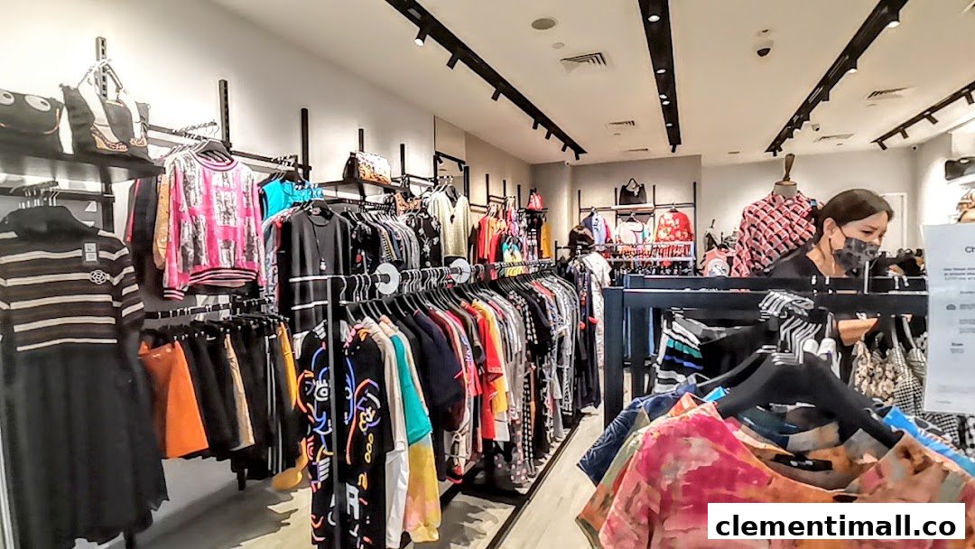 Interior view of Couture by Szan, showcasing diverse clothing racks, handbags, and a shopper browsing.