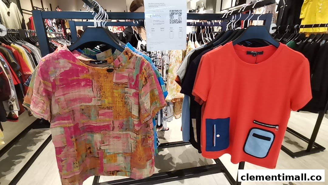 Two stylish tops, one colorful abstract and one red with unique pockets, displayed on a clothing rack.