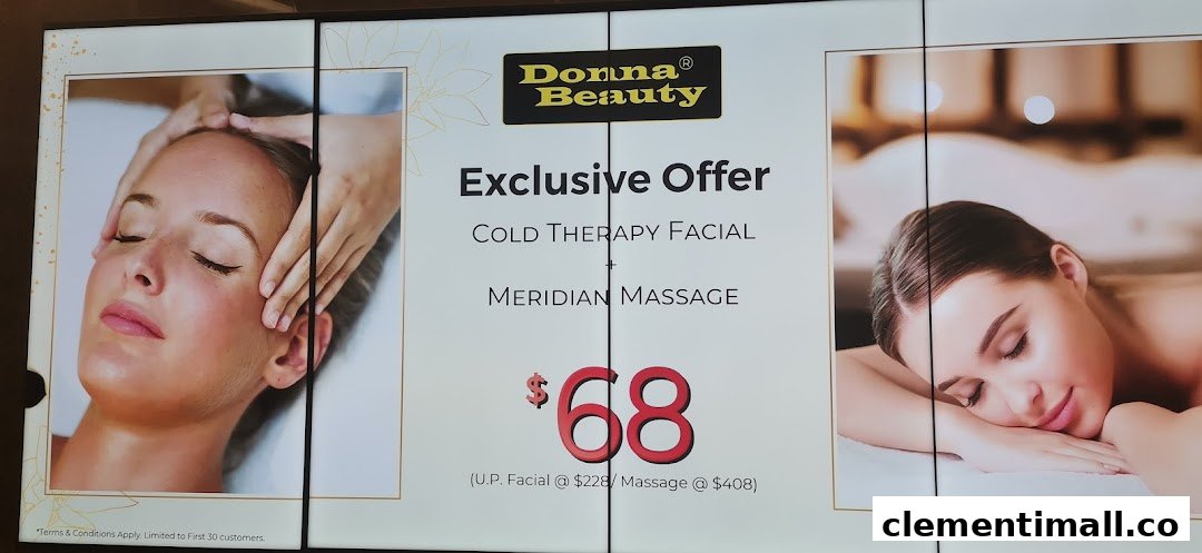 A promotional sign for Donna Beauty showcasing an exclusive offer for a Cold Therapy Facial and Meridian Massage.