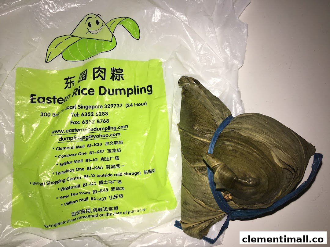 Two traditional rice dumplings next to a branded plastic bag from Eastern Rice Dumpling.