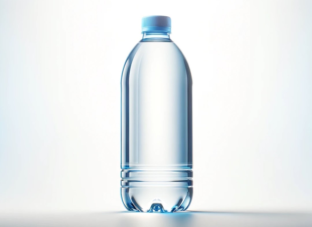 A clear plastic water bottle with a light blue cap on a bright, minimalist background.