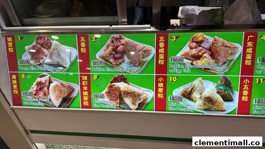 A vibrant menu board displaying various types of traditional rice dumplings with prices.