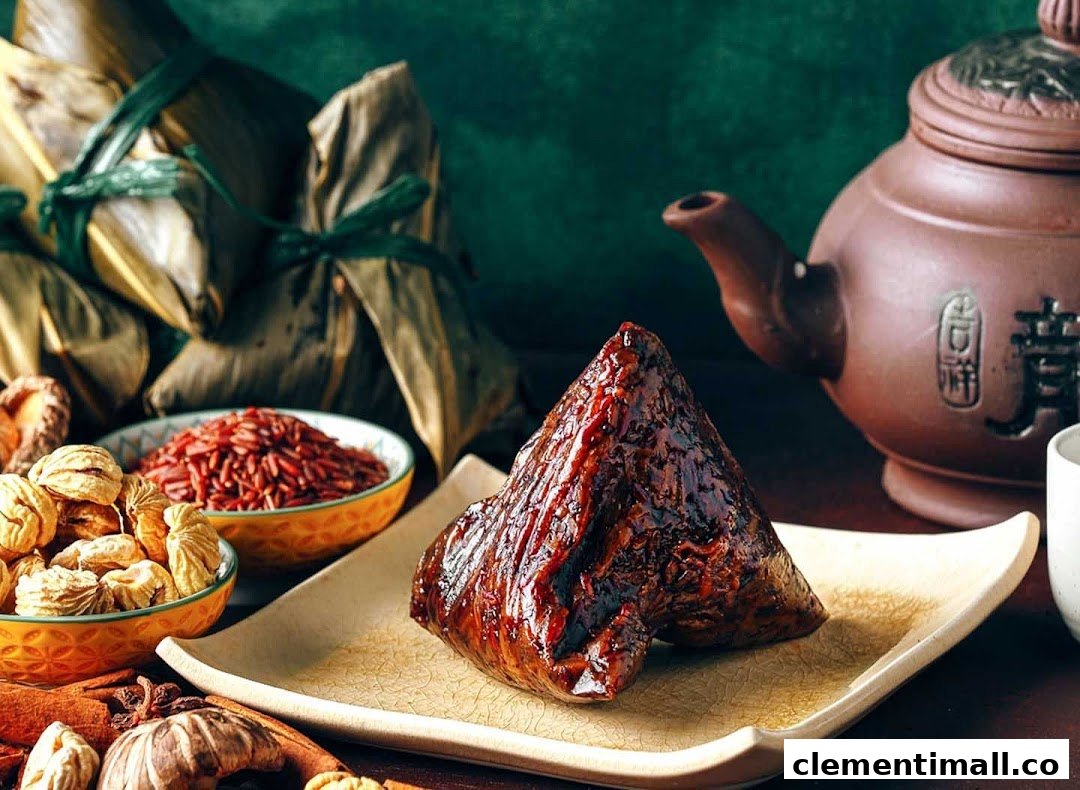 A delicious rice dumpling on a plate with raw ingredients and a traditional teapot.