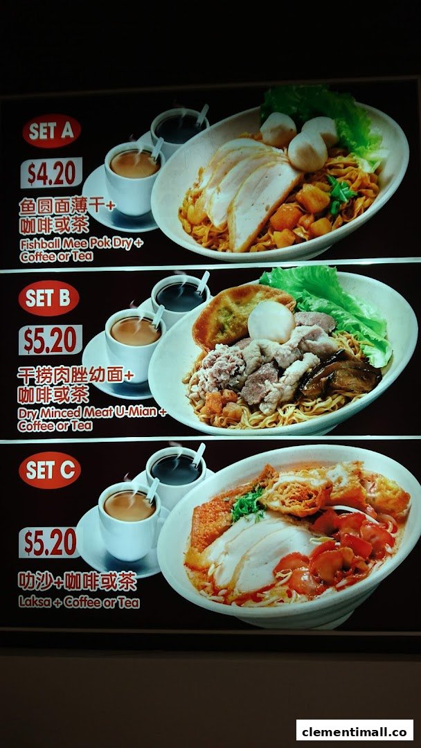 A vibrant menu board displaying three different noodle sets with accompanying drinks and prices.