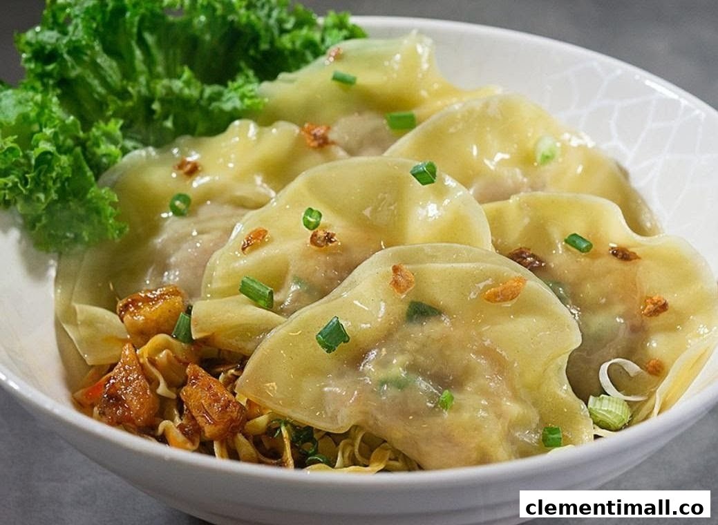 A close-up of delicious dumplings and noodles in a white bowl, garnished with greens and fried garlic.