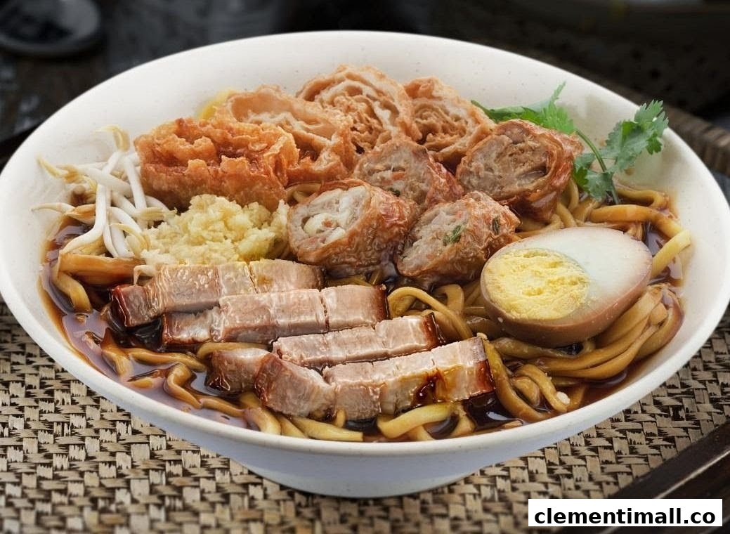 A close-up of a delicious bowl of noodles with sliced meat, fried items, bean sprouts, and a boiled egg.
