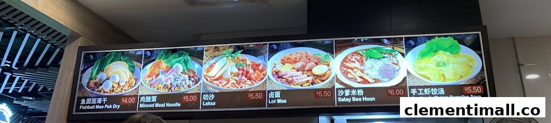 A digital menu board displaying various noodle and soup dishes with their prices.