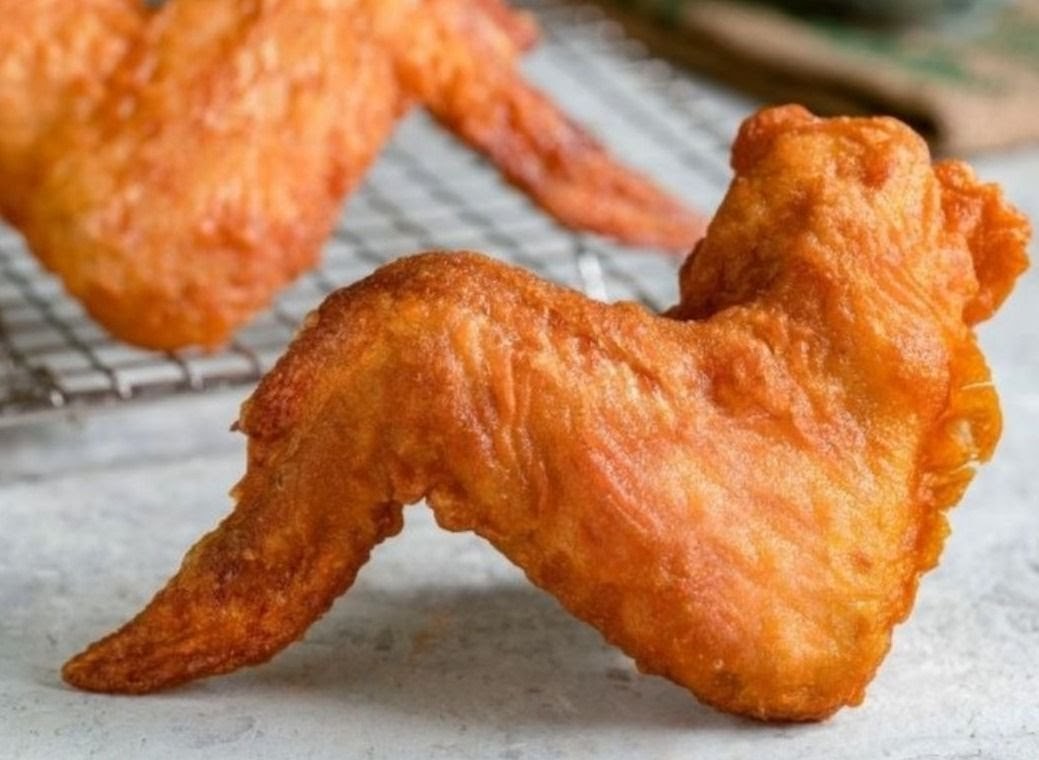 Close-up of crispy, golden-brown fried chicken wings on a cooling rack.