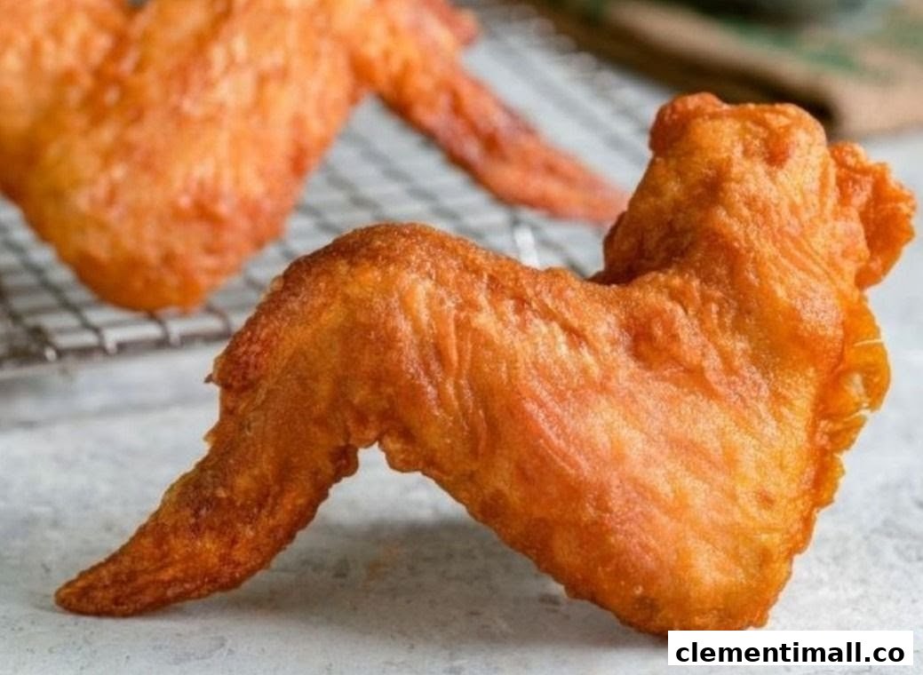Close-up of crispy, golden-brown fried chicken wings on a cooling rack.