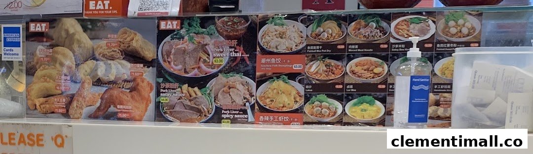 A vibrant display showcasing various Asian noodle dishes, fried snacks, and pork liver specialties with prices.