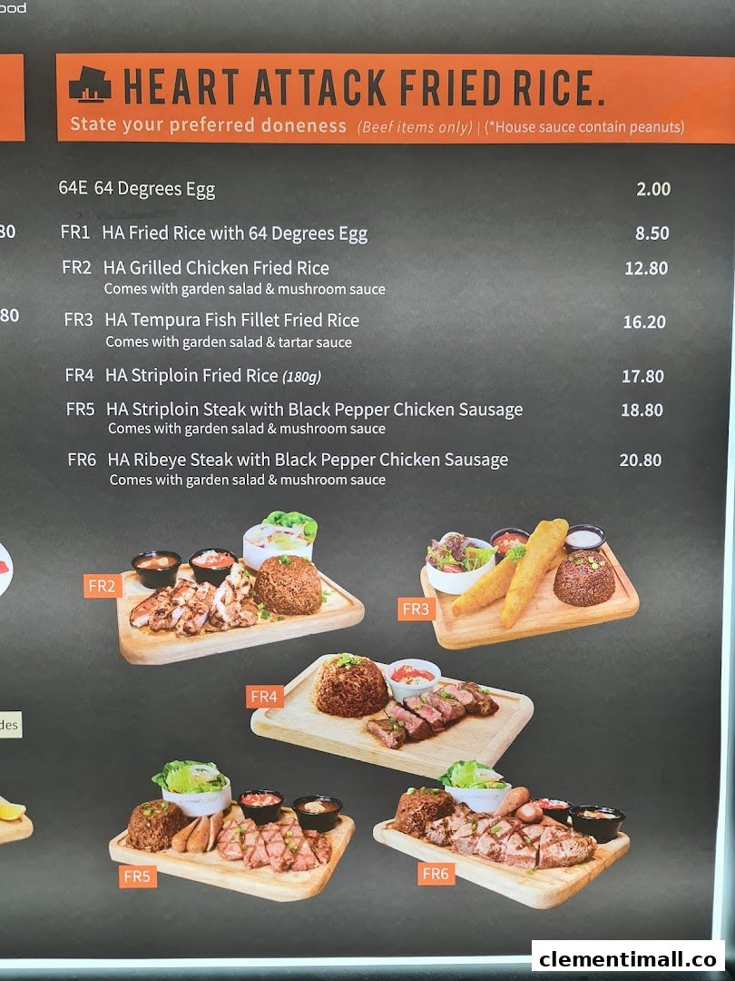 A menu board displaying 'Heart Attack Fried Rice' dishes with prices and accompanying images.